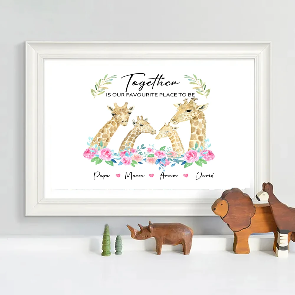 

Personalised Giraffe Baby Nordic Family Poster Canvas Painting Animals Custom Gift Art Print Kids Wall Picture Living Room Decor