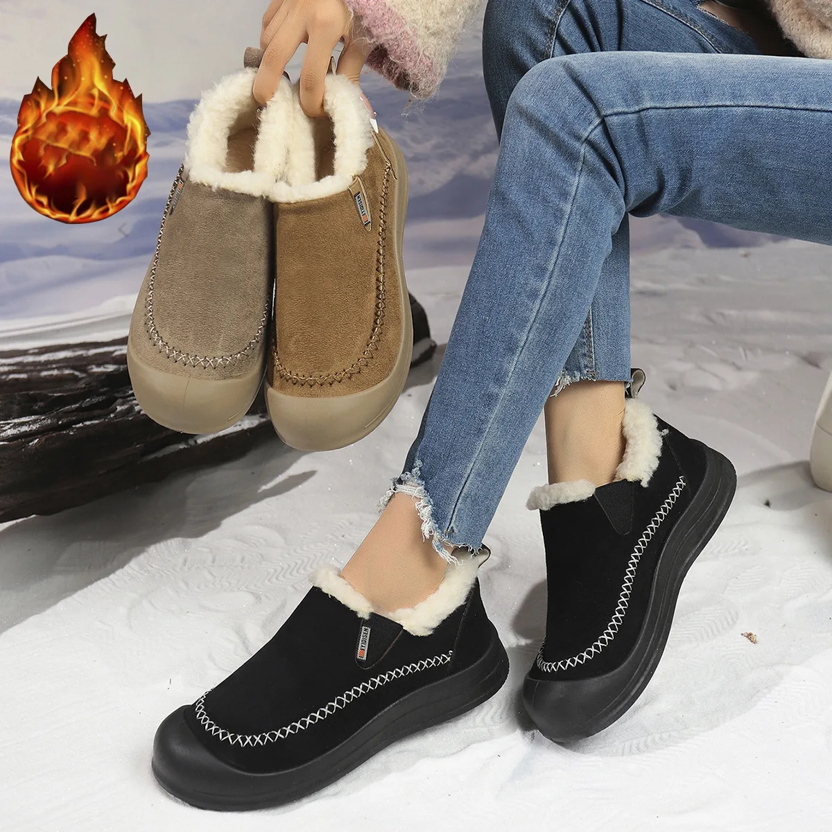 Women's Slip on Cotton Shoes 2025 Winter New Plush Thicken Outdoor Casual Warm Shoes Fashion Vintage Non Slip Comfort Snow Boots