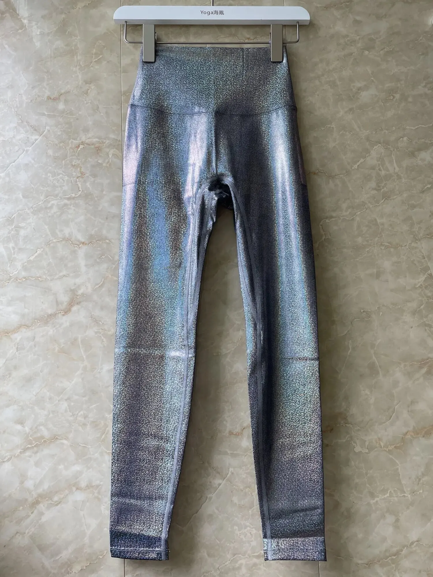 Glossy blue women high waist tight leggings Fitness sports yoga pants sweat trousers joggers