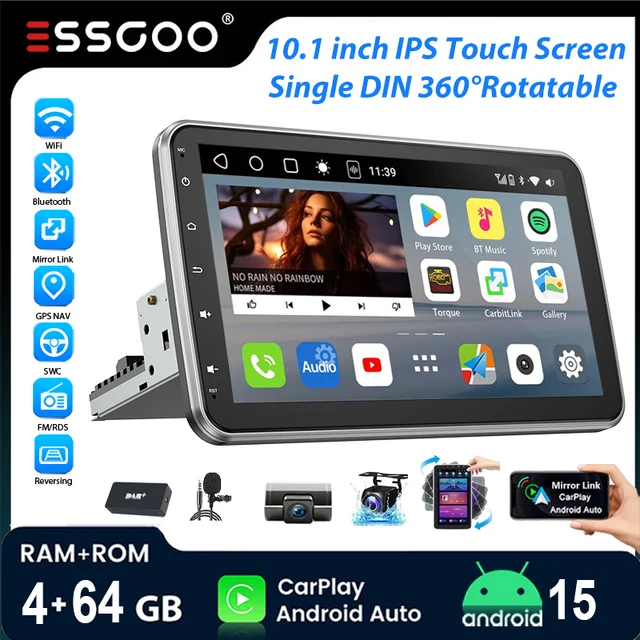 ESSGOO 10,1" Android 15 4+64G Autoradio universel 1 DIN écran 360° rotatif avec micro, CarPlay et Android Auto sans fil, GPS, RDS FM, WiFi, Bluetooth, Mirror Link, commande au volant, écran tactile, lecteur vidéo multi 1