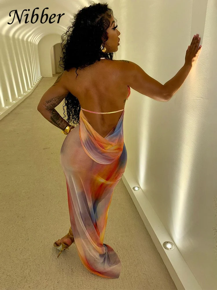 Nibber See Through Irregular Ruched Dress Women Sexy Mesh Colorful Gradient Trend Cross Backless Split Hollow Stretch Bodycon