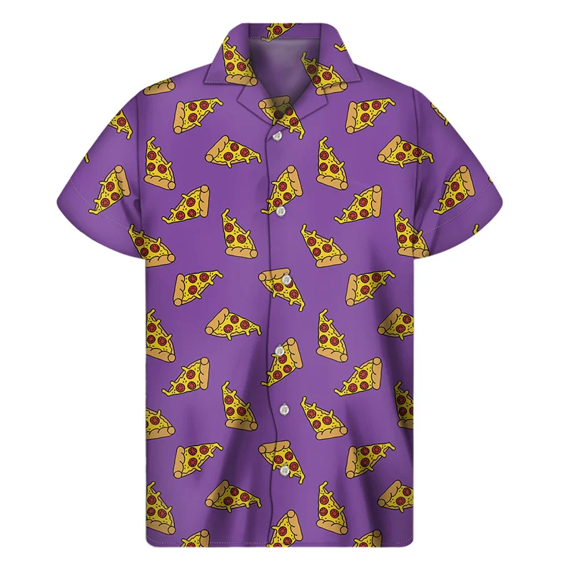 thumbnail image 1 of Camisas hawaianas con estampado 3D de pizza de dibujos animados para hombre, camisa de verano con botones de solapa, blusa holgada de manga corta para calle, 1 of 4
