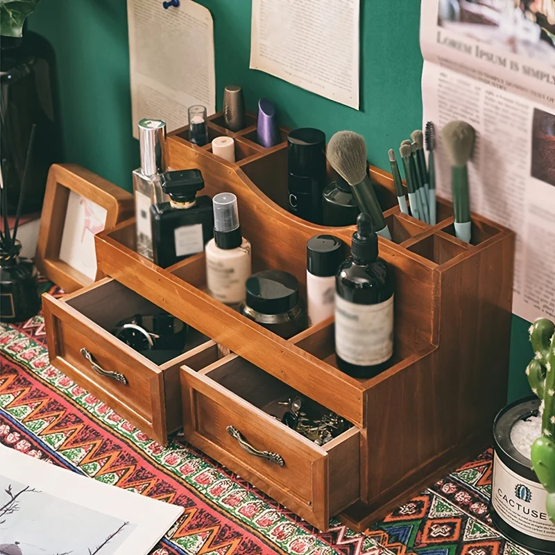 Organizer da scrivania in legno di ispirazione vintage: scomparti multipli per cosmetici e articoli per ufficio, ideale per l'arredamento della casa - immagine 2