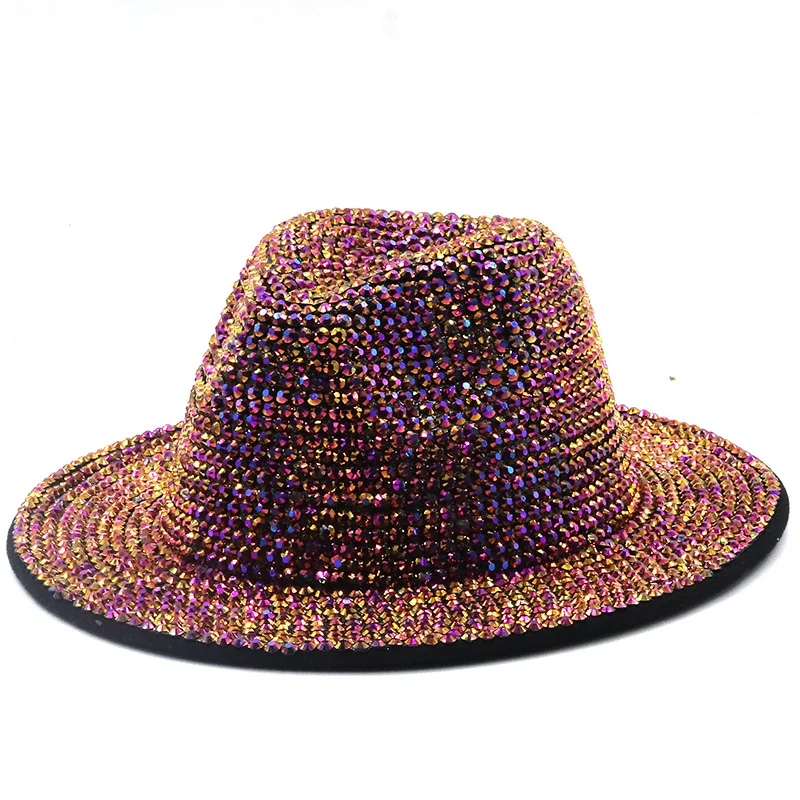 fedora hat Full Diamond Adjustable Flat Top Fedora Hat Bling Rhinestone Panama Spring Summer Men Wide Brim Felt Jazz Hats Women's Stage Hat mens straw fedora