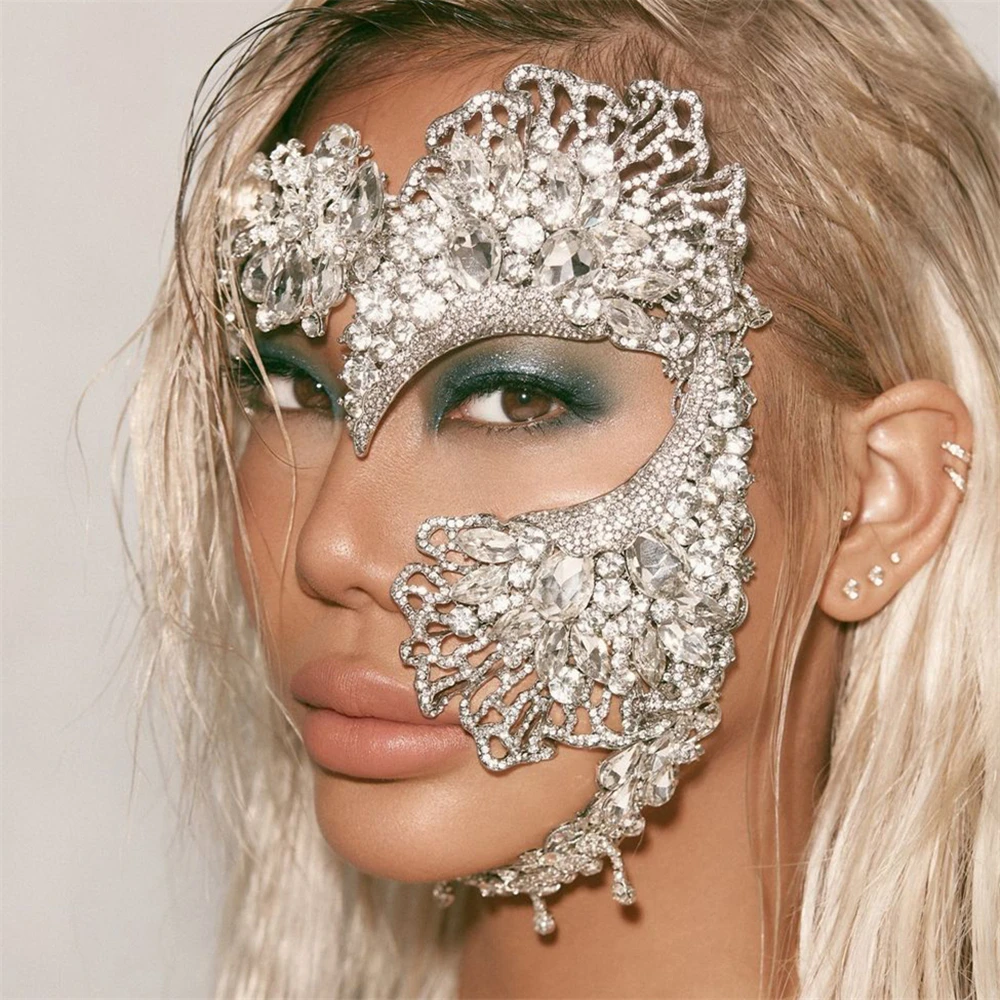 

Fashion Luxury Silver Zircon Half Mask Feminine Full Face Jewelry Makeup Ball Crystal Mask Christmas Face Accessories Jewelry