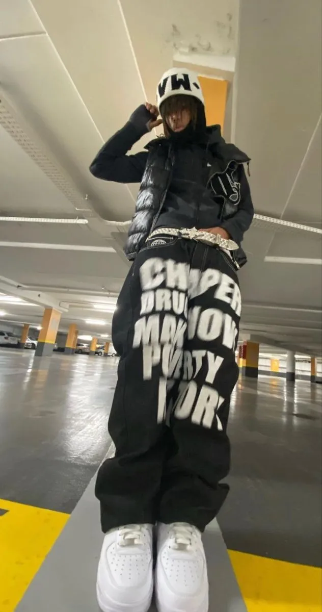

Y2K Black Cargo Jeans Letterprinted Vintage Baggy Trousers Women High Waisted Aesthetic Streetwear Sweatpants Harajuku 90s