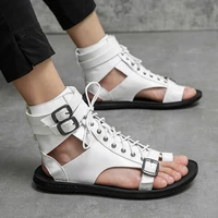 Sandales gladiateur en cuir pour hommes, chaussures romaines en liège, tongs de plage, bottes de rinçage, noir et blanc, marque de créateur, marche, été 2