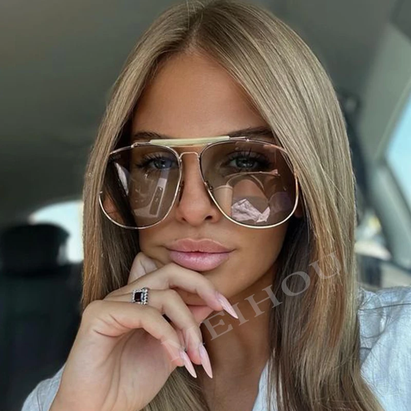 Pilotensonnenbrille mit Metallrahmen für Damen, Doppelsteg, Champagner-Sonnenbrille, Damen, luxuriös, quadratisch, klar, Übergröße
