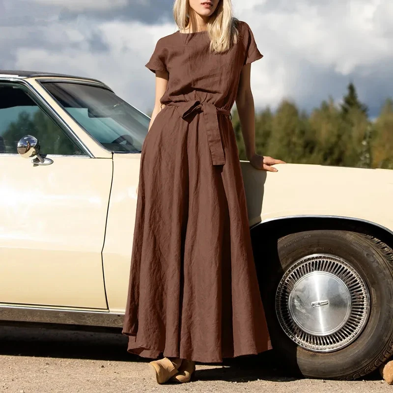 

Женское повседневное однотонное платье из хлопка и льна, весеннее женское платье с круглым вырезом и шнуровкой, новое летнее свободное платье макси с коротким рукавом