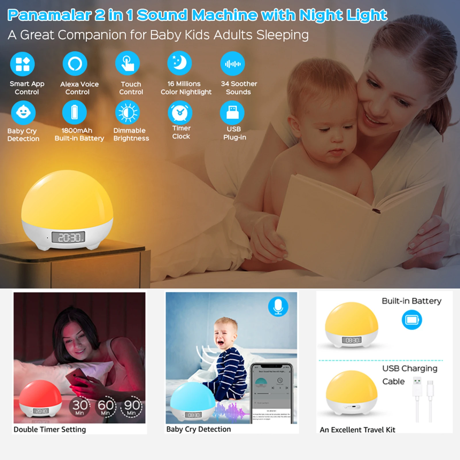 Baby Sleep White Noise Sound Machine Built-in Baby Cry Detector With Night Lights Adjustable 34 Soothing Sleep Aid Device