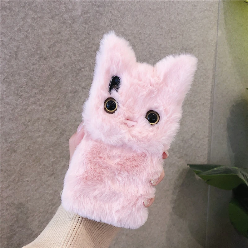 Cute 3D Cartoon Cat Furry Plush Shockproof Phone Case Cover