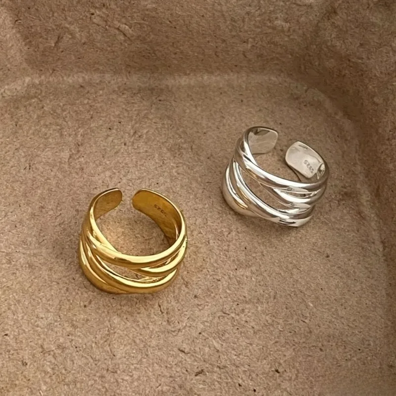 Anelli aperti a strati intrecciati in argento sterling 925 per donna e uomo, anelli regolabili con linee geometriche minimaliste alla moda, gioielli unisex.