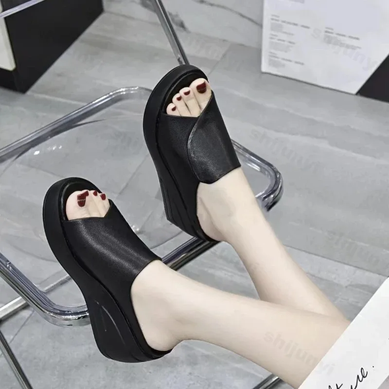 New Women Sandals Women Slippers Black Wedge Platform Open Toe Orthopedics Thick Bottom Beach High Heels Slides