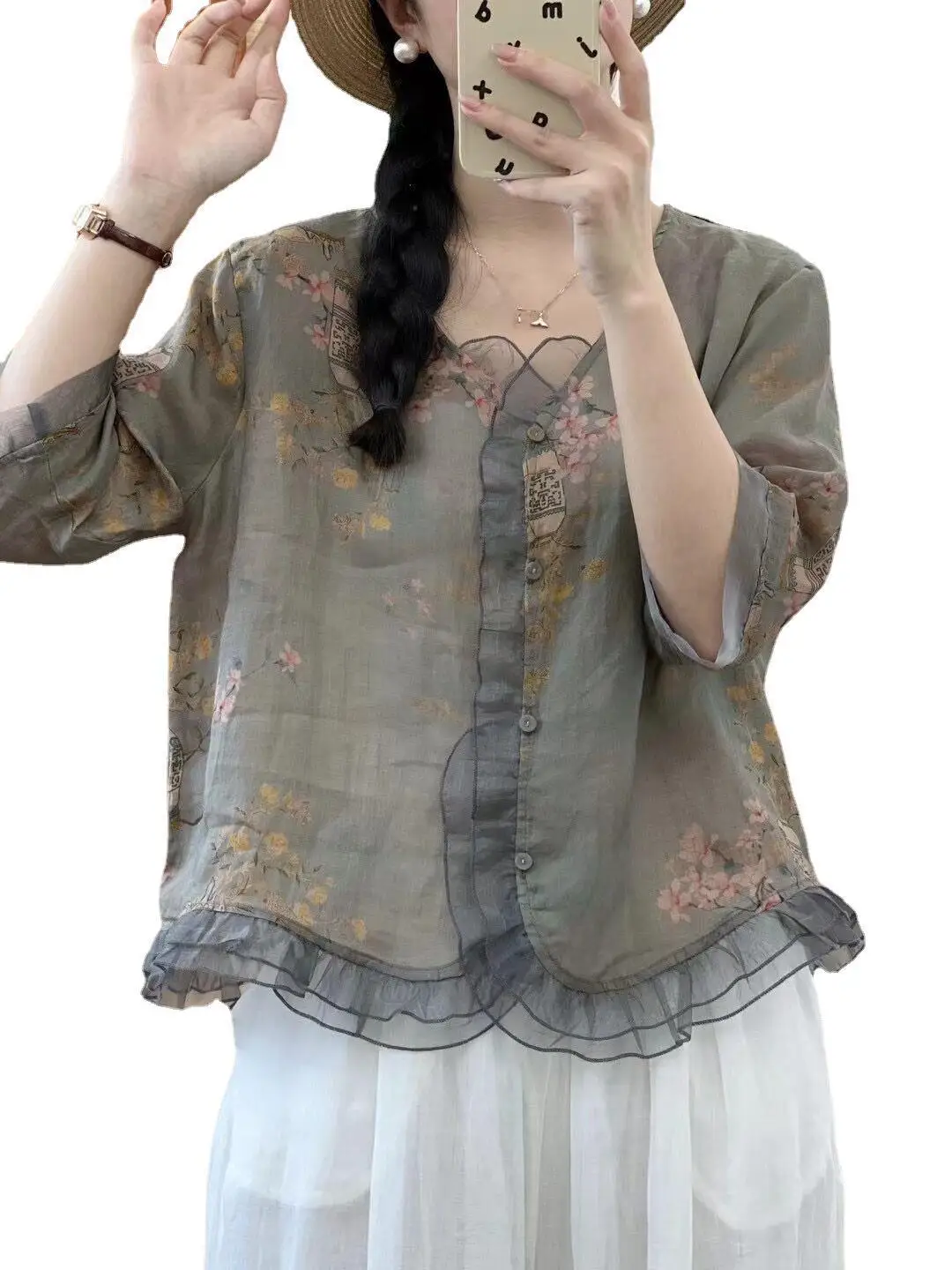 

Summer Ramie Printed Shirt Lace Cardigan Top for Women