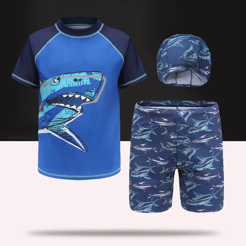 

Two-Piece Split ChildrenTeens Swimming Suit Set Boys Cartoon Wetsuit Surfing Swimwear with Cap Bathing Suit Kids Beachwear
