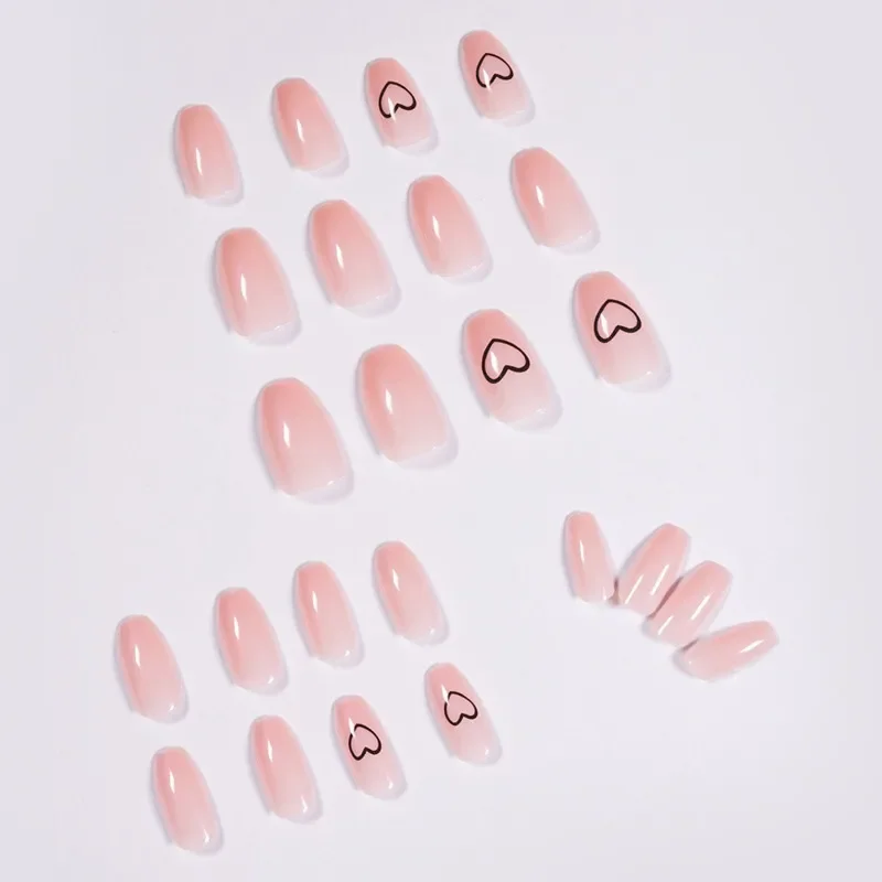 24Pcs/Box Fake Nails Press On  False nails Free Shipping Ballerina Pink Color Design With Heart Pattern  Set   Nail Art