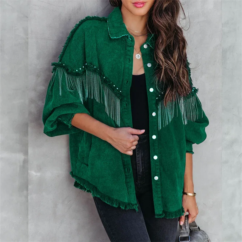 Fashion Chain Splicing Decoration Jacket Women Vintage Tassel Denim Coat Female Single-breasted Cardigan Casual Loose Outerwear - Image 3