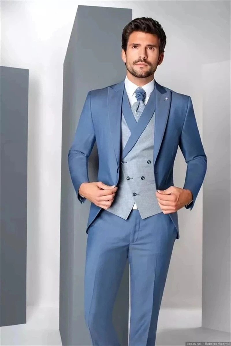 Blue Wedding/Business Slim Fit Formal Suits For Men Costume Homme High Quality Fashion Male Blazer Vest Pants Groom Tuxedos
