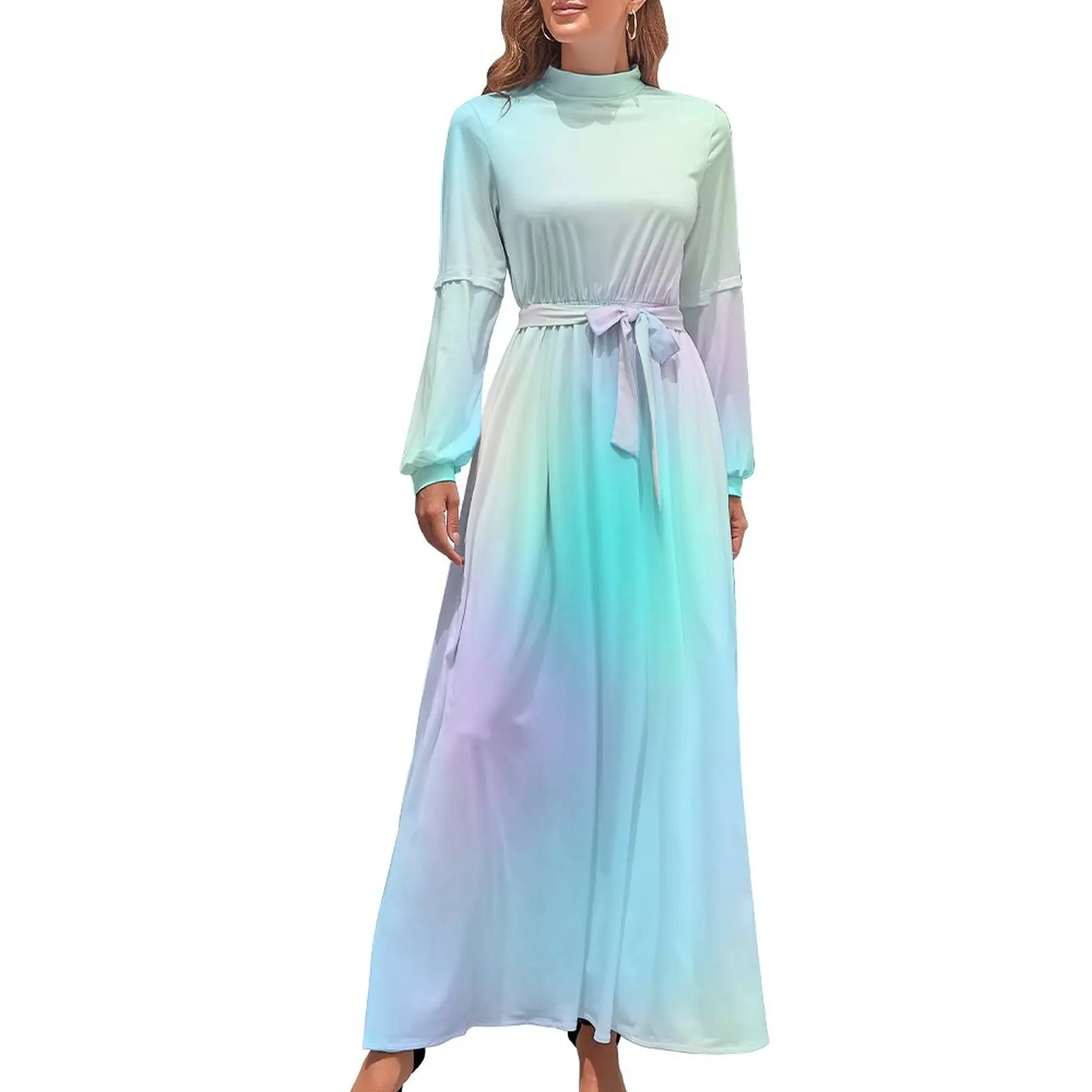 

Pastel Tie Dye Dress Pastel Rainbow Cute Graphic Maxi Dress High Waist Long Sleeve Korean Fashion Boho Beach Long Dresses
