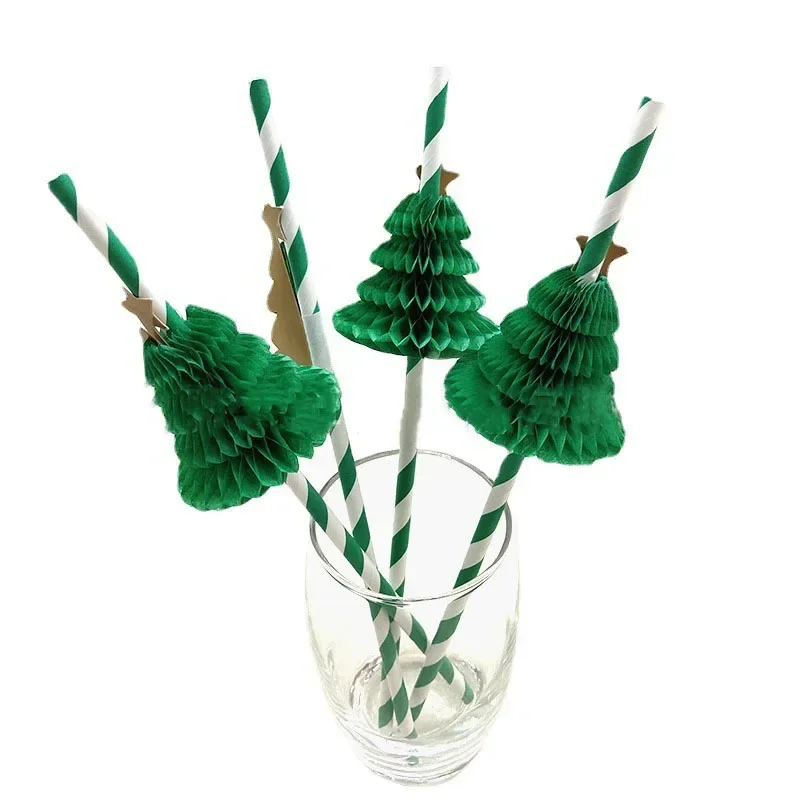 

10pcs Green Christmas Tree Straw Creative Party Christmas Cake Dessert Decoration Paper Honeycomb Shape Straw Party Supplies