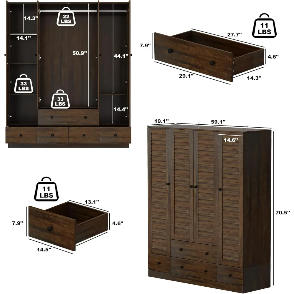 Multi-Tier Shelves, 5 Drawers, Hanging Rod & 4 Louver Doors, Wooden for, Wardrobes 2