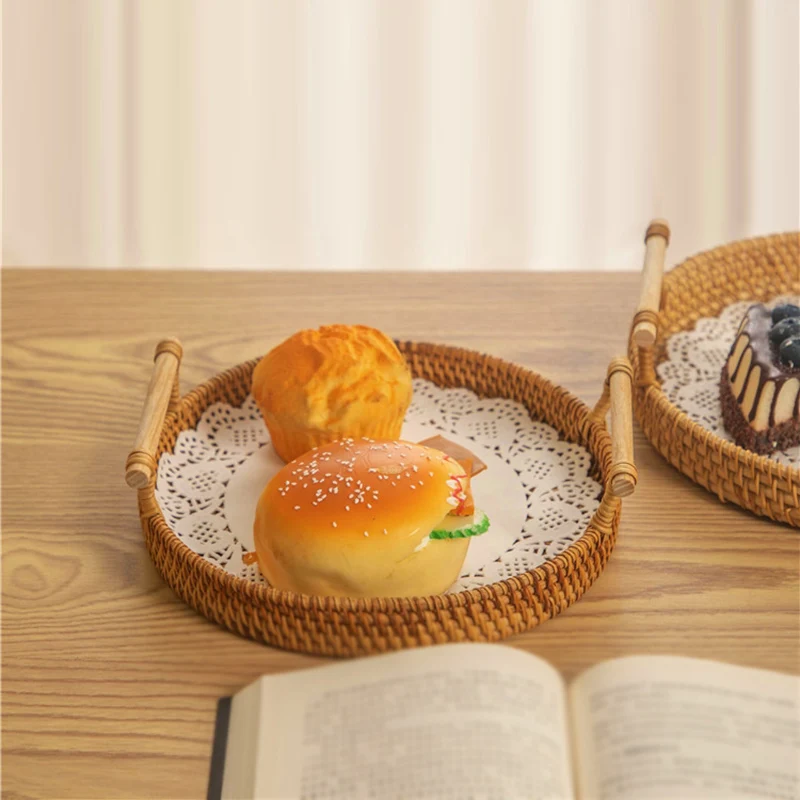 1PC Rattan Strap Handle Storage Basket Bread Snack Fruit Round Round Tray Picnic Woven Storage Basket 5