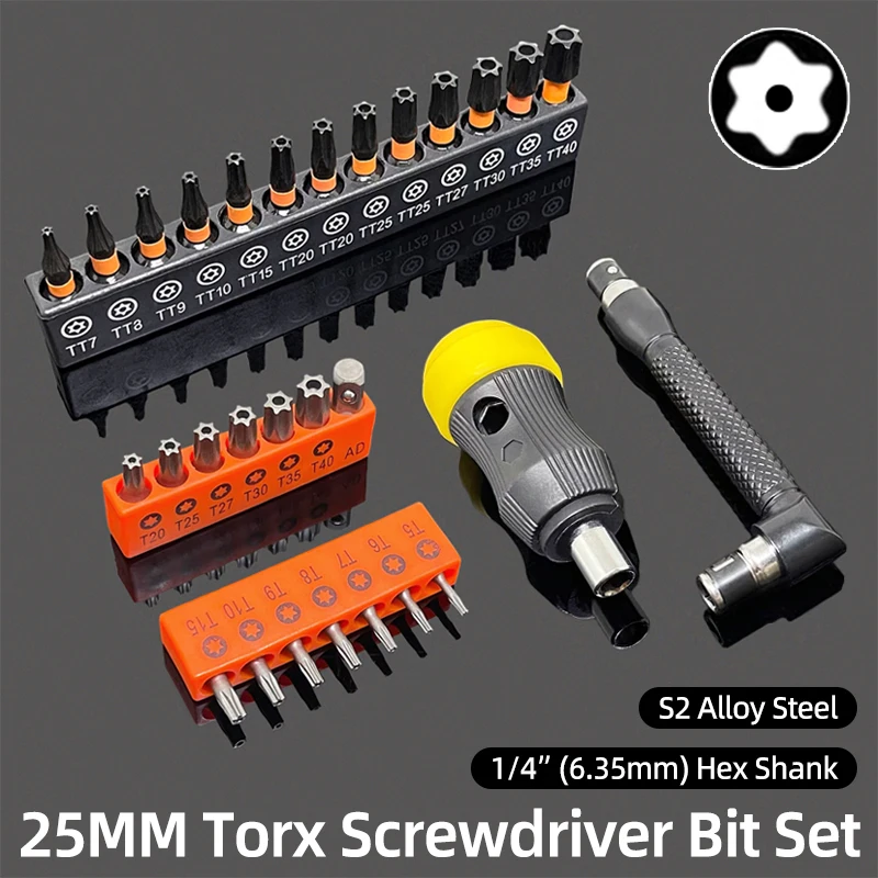 25mm Torx Screwdriver Bit Set Tamper Proof Security Drill Bits 1/4 Hex Screw Driver Ratchet Wrench Handle Repair Hand Tools
