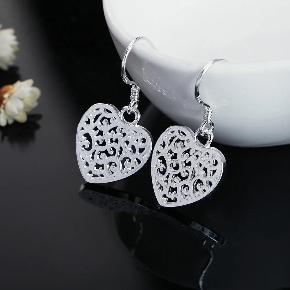 Fine fashion 925 Sterling Silver Carved elegant heart Earrings for Women new  party wedding Jewelry Christmas Gifts