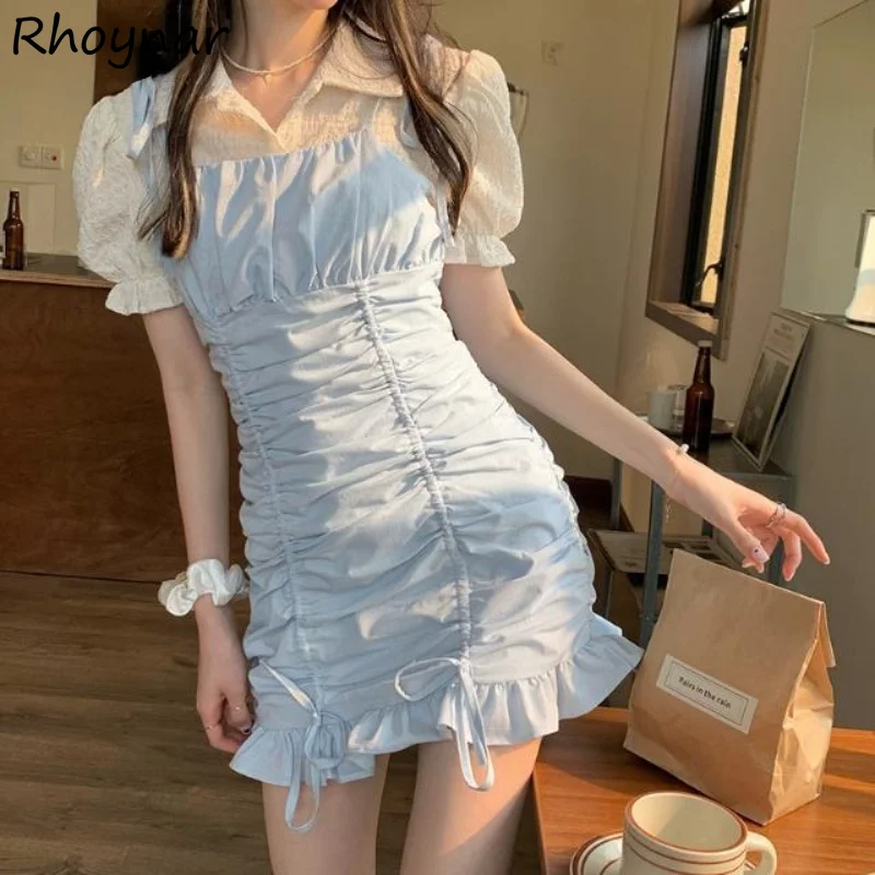 

Women Dress Sets Shirring Street Style Solid Simple Elegant Ulzzang Students Slim Casual Ladies Summer Puff Sleeve Basic Fashion