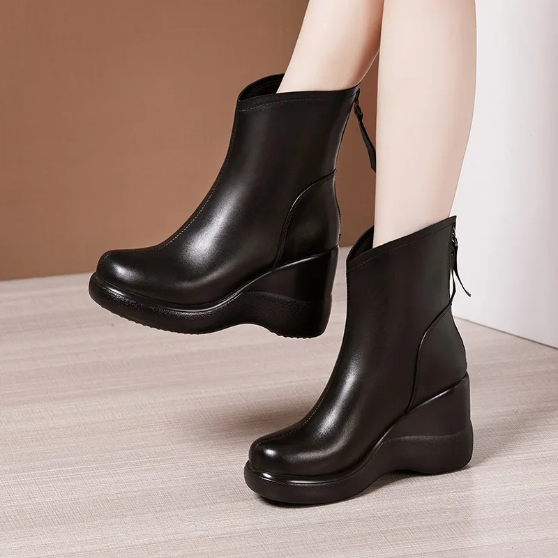 High quality mid calf leather boots for women 8cm wedge  high heel platform new 2023 autumn winter elegant 33 42 43 shoe - black