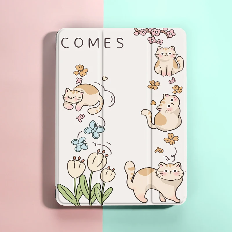 Adorable Cats Tablet Cover with Pencil Holder and Auto Wake/Sleep Function