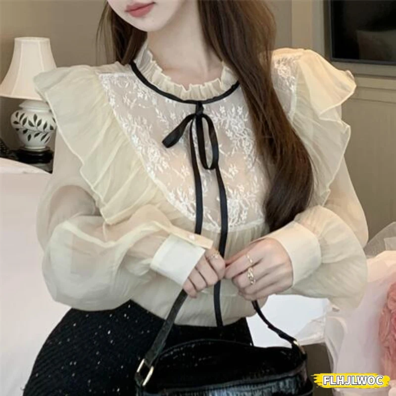 단추 러플 상의, 로맨틱 부드러운 여성 데이트 소녀 레트로 셔츠 블라우스, 빈티지, 중국 스타일, 템퍼러먼트 디자인, 인기 2024