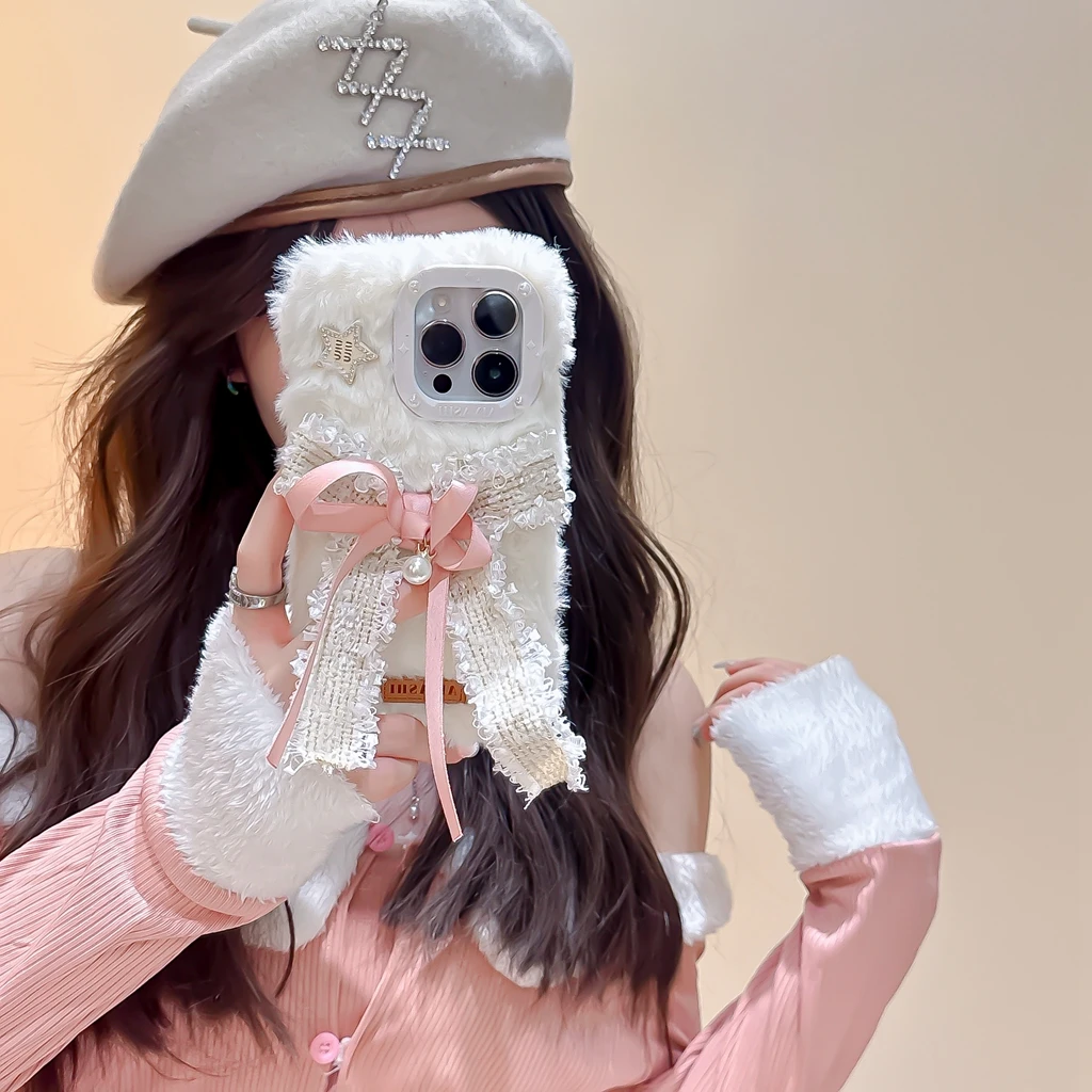 

Autumn and Winter White Plush Cute Bowknot Cover Case For iPhone 15 14 13 12 11 Pro Max Phone Case