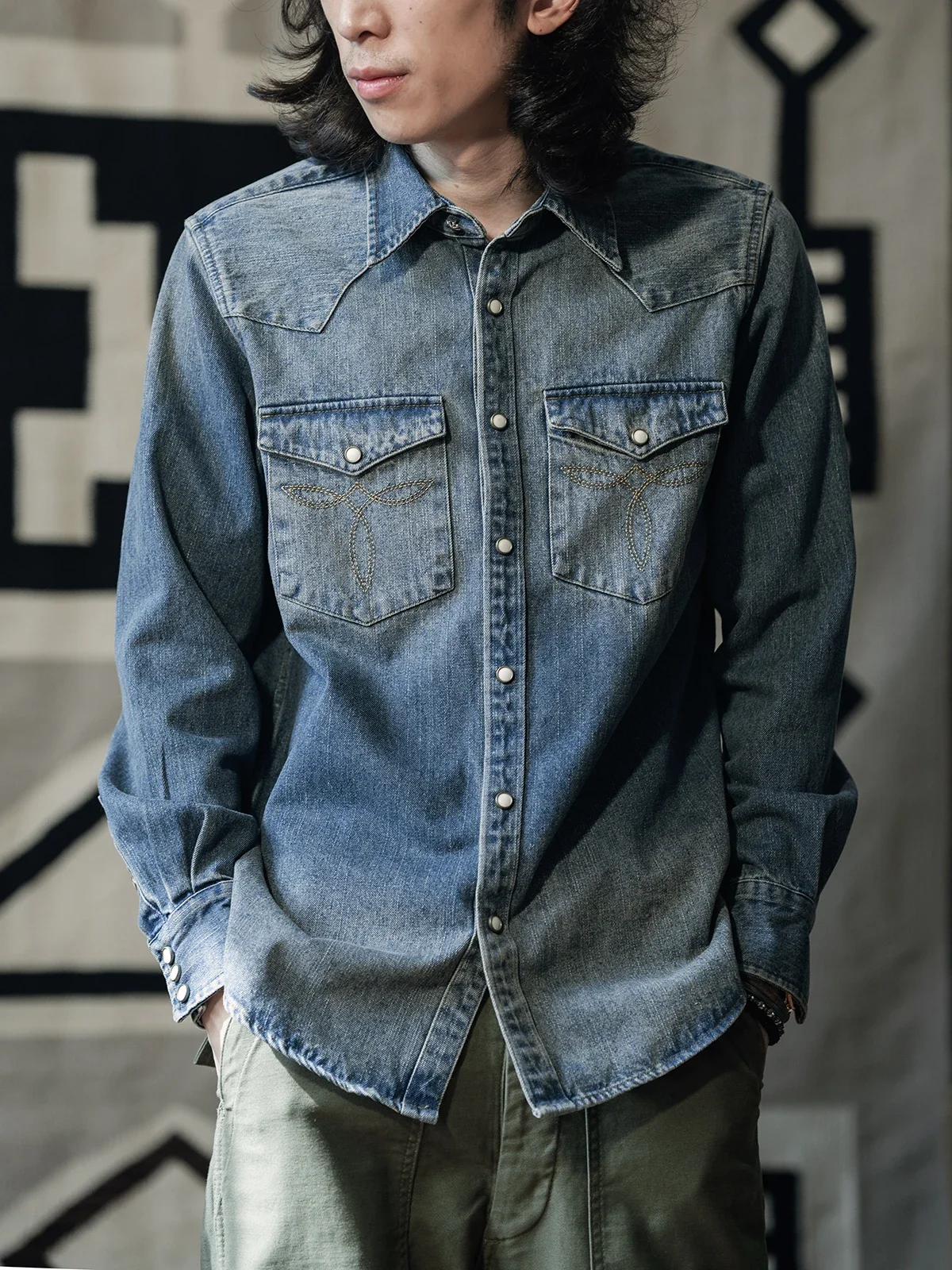 Non Stock Washed Denim Western Shirt 1950s Style Long Sleeve Horn Shirt For Men