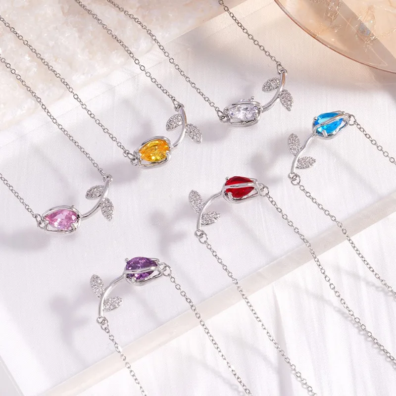 Elegant Colorful Zircon Tulip Flower Pendant Necklaces for Women Stainless Steel Chain Daily Jewelry Accessories Gifts