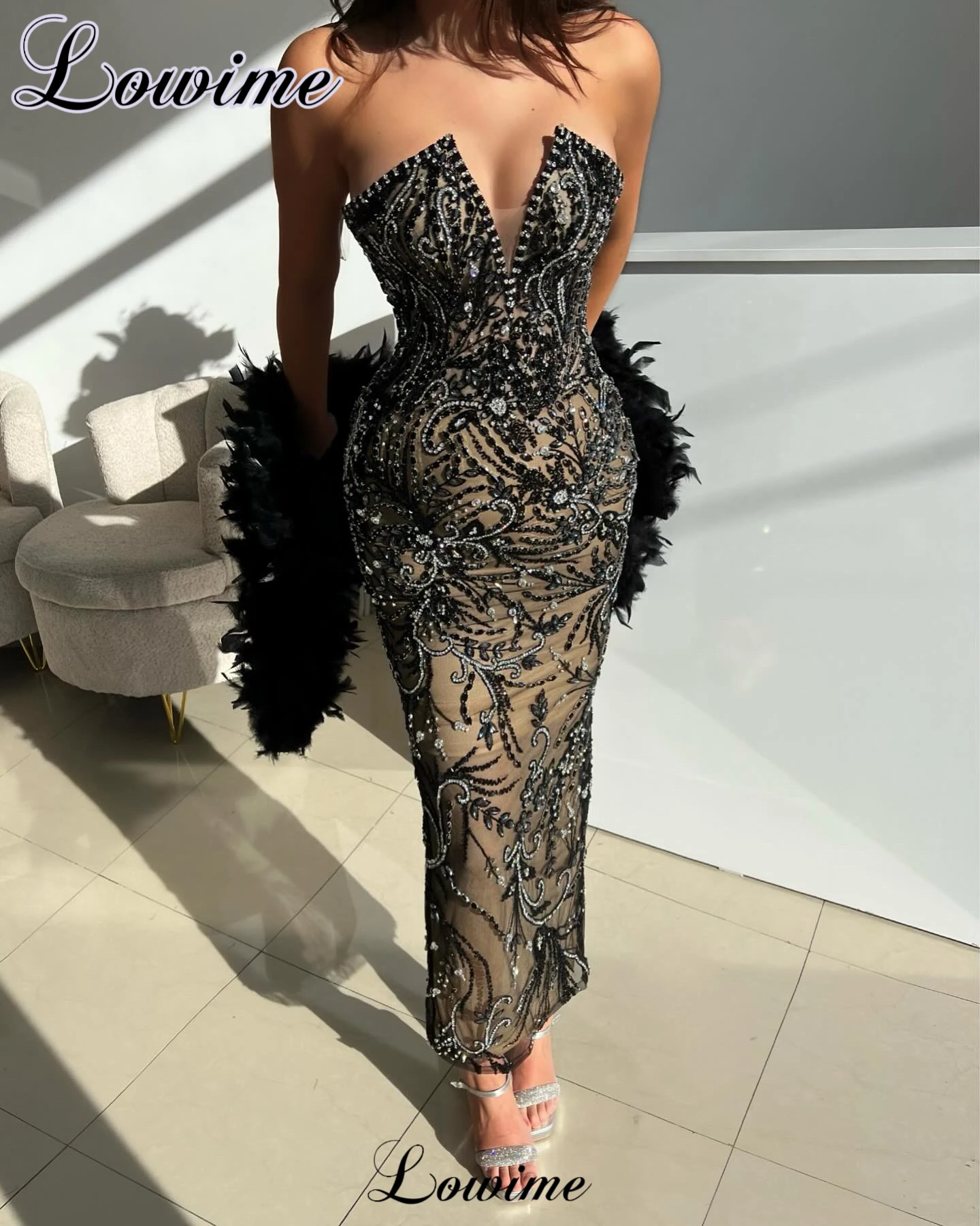 Two Pieces Cocktail Dresses With Feathers Cape Ankle Length Evening Dresses Customized