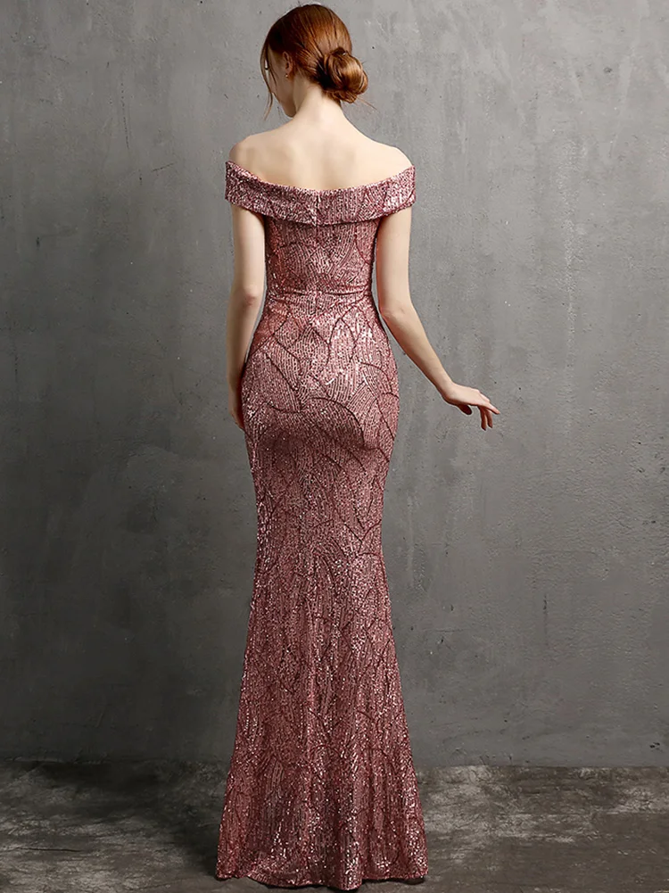 Slash Neck Sexy Cocktail Dress Sequins Side Split Slim Party Gown XUCTHHC New Short Sleeve Formal Women Robe De Soriee