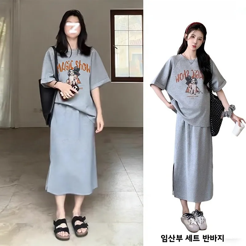 여름 임산부 세트 루즈핏 반팔 티셔츠 상의와 스커트 투피스 캐주얼 면 원피스 ..