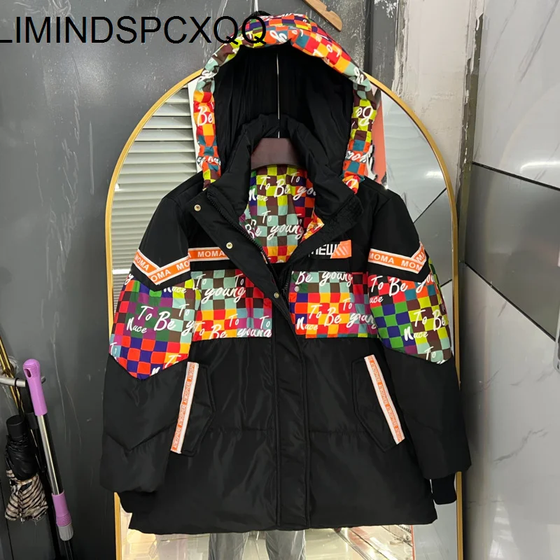 

90 White Duck Down Jacket For Women 2023 New Color Contrast Fashion Loose Hooded Long Sleeve Thick Warm Down Coat Female