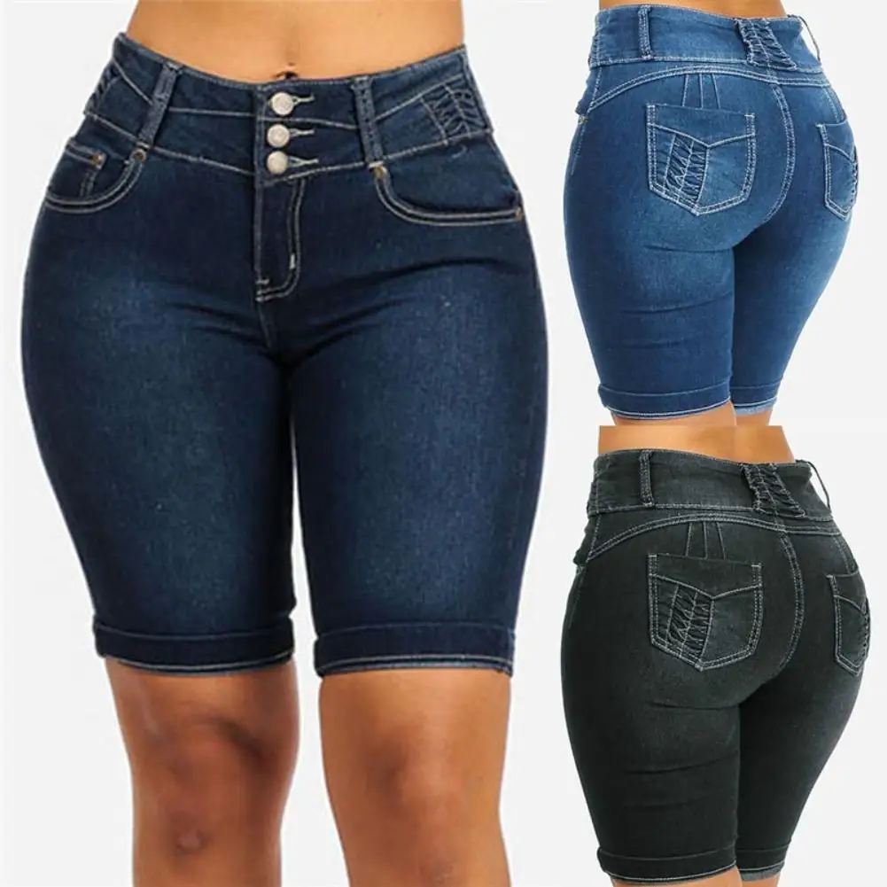 

New Fashion Women Sexy Skinny Denim Shorts Summer Ladies High Waist Stretch Bodycon Jeans Slim Shorts Knee Length Femme Clothing