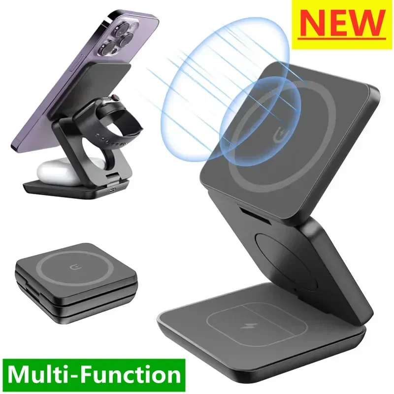 

3 in 1 Wireless Charger Magnetic Foldable Stand For iPhone 15 14 13 12 11 Apple Watch 8 Airpods Pro Fast Charging Dock Station