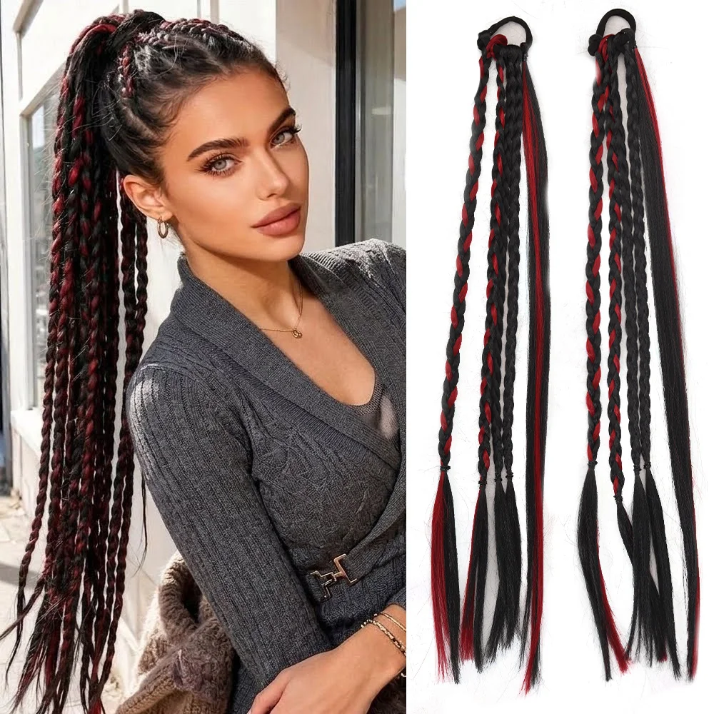 Extension per Coda di Cavallo Lunga Intrecciata, Estensioni di Capelli Sintetici, Treccine Colorate Rosso e Nero con Elastico, Accessorio per Capelli da Donna - immagine 6
