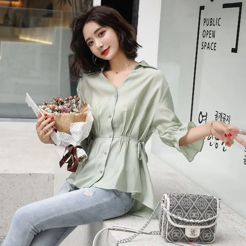 Fashion V-Neck Shirring Bandage Butterfly Sleeve Blouses Women's Clothing 2024 Summer New Loose All-match Tops Commuter Shirts