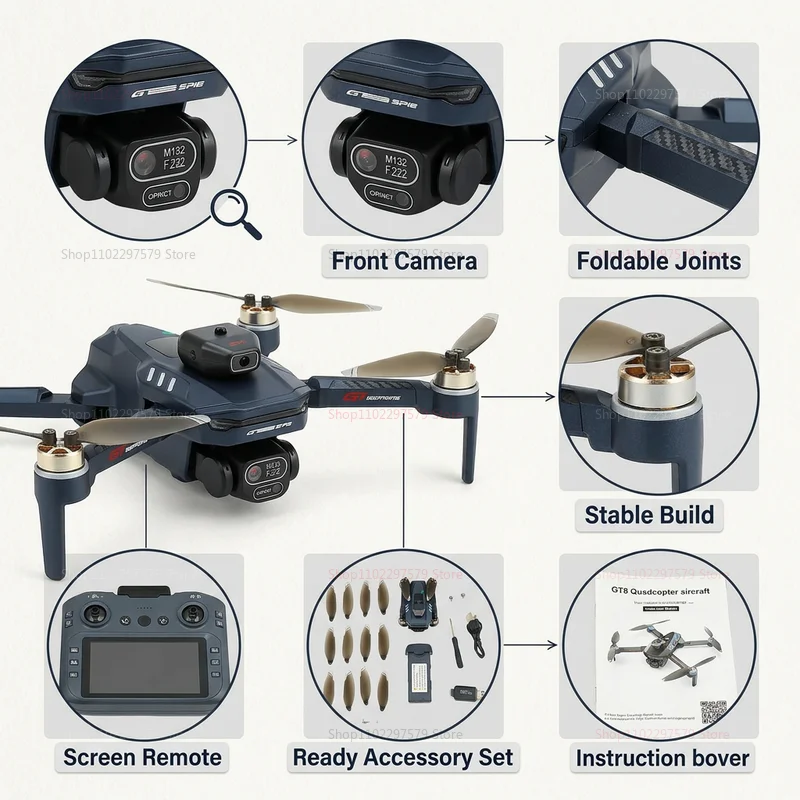 Drone GT8 8K avec caméra HD, moteur sans balais, pliable, 20 min de vol