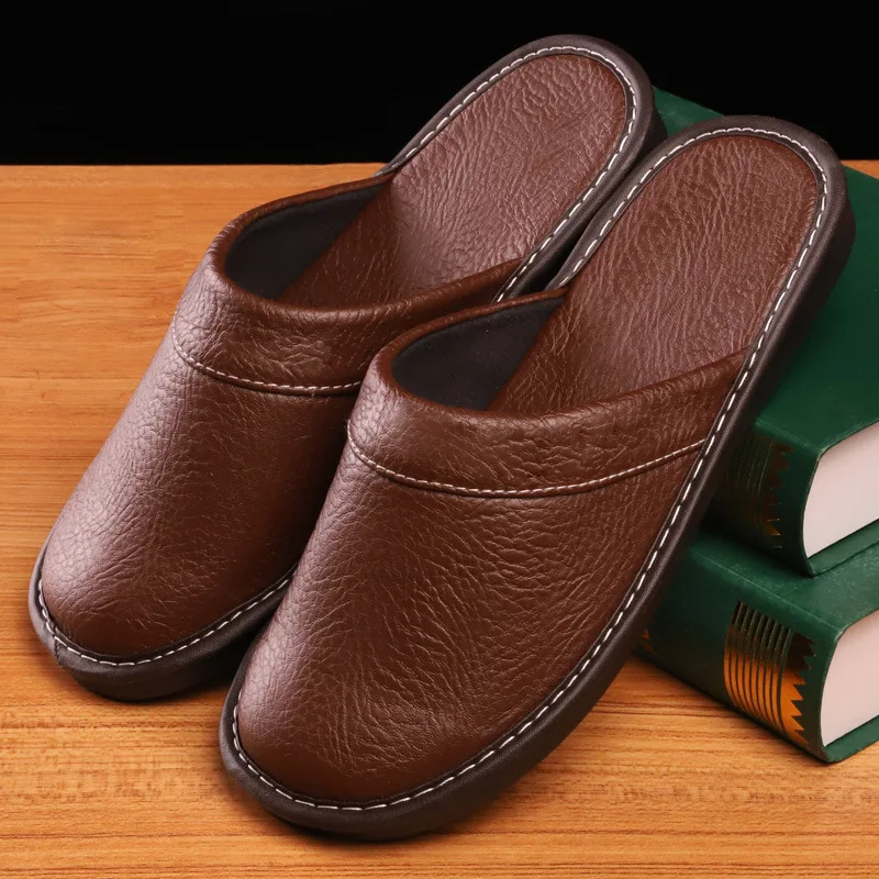 Home Leather Slipper for Men Four Season Indoor Flat Waterproof Shoes Slides Lovers Shoes Concise Couples Soft Leather Slippers