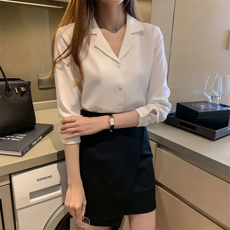 여성 봄 가을 스타일 블라우스 셔츠 사무복 레이디 OL 긴 소매 노치 칼라 블라우스 탑 WY1003