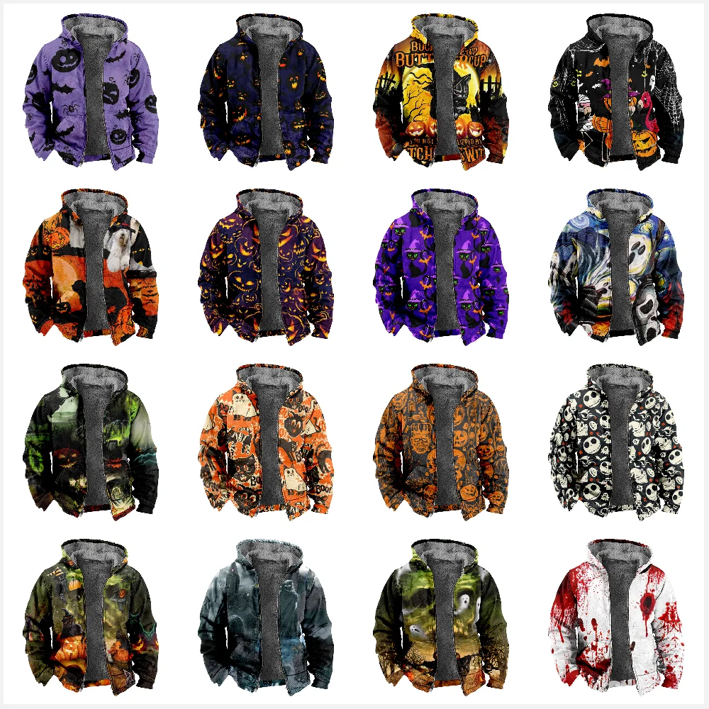 2023 New Halloween Cotton Coat Hooded Sweater Casual Print Long Sleeve Zipper Sweater Thick Cotton Coat Winter a02