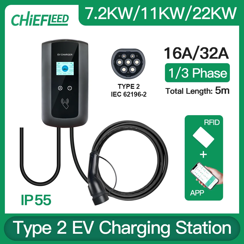 Chiefleed Wallbox Station 16A 11Kw 32A 7.2/22Kw Type2 Wallbox Station Con App Rfid Wifi Bluetooth Funzionamento Remoto Timer Carica