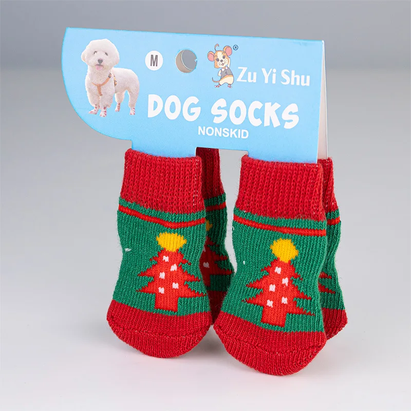Pet Shoes Christmas Knitted Socks for Small Dogs Cat Chihuahua Boots for Winter Warm Indoor Wear Slip on Paw Protector