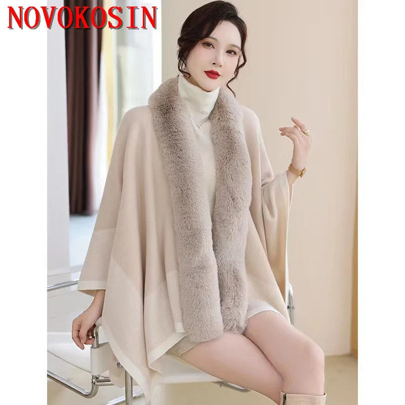 2023 Split Cape Faux Fur Collar Woolen Cardigan Loose Poncho Women Autumn Cloak Knitted Out Streetwear Jacquard Weave Shawl Coat